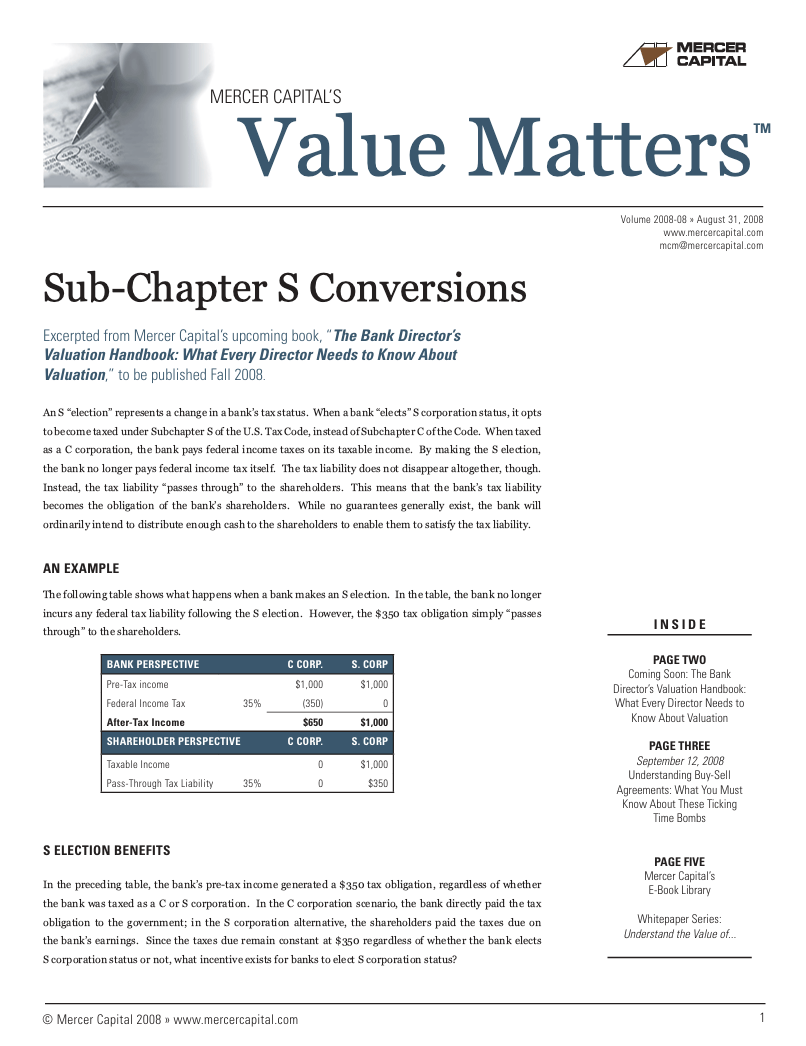Mercer Capital’s Value Matters 2008-08