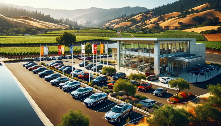DALL·E-2024-04-19-12.03.17-A-car-dealership-in-Napa-California-during-a-sunny-day.-The-scene-includes-a-spacious-parking-lot-filled-with-a-variety-of-modern-cars-gleaming-unde.webp