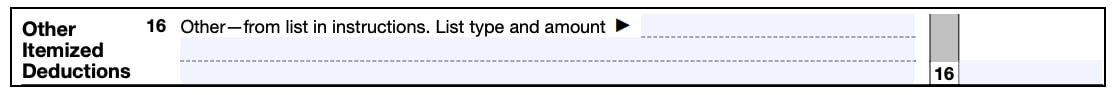 Line 16 of example form 1040 other itemized deductions.