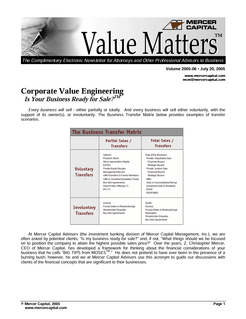 Mercer Capital’s Value Matters 2005-06