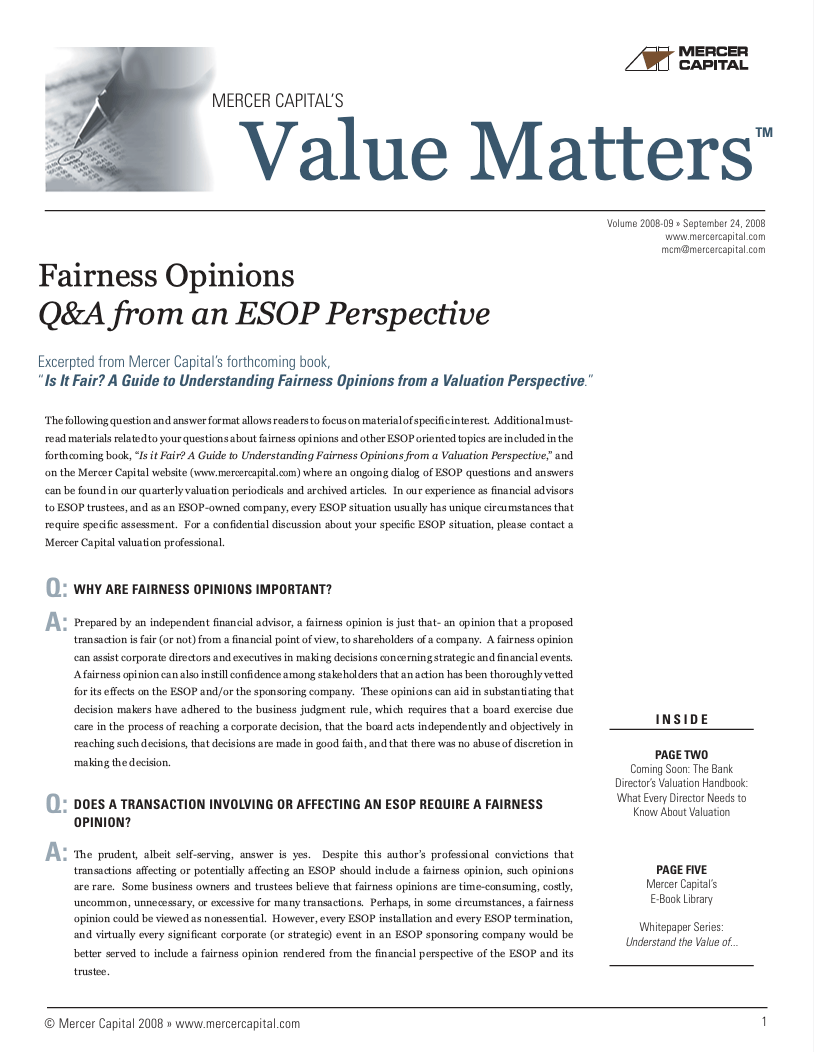 Mercer Capital’s Value Matters 2008-09